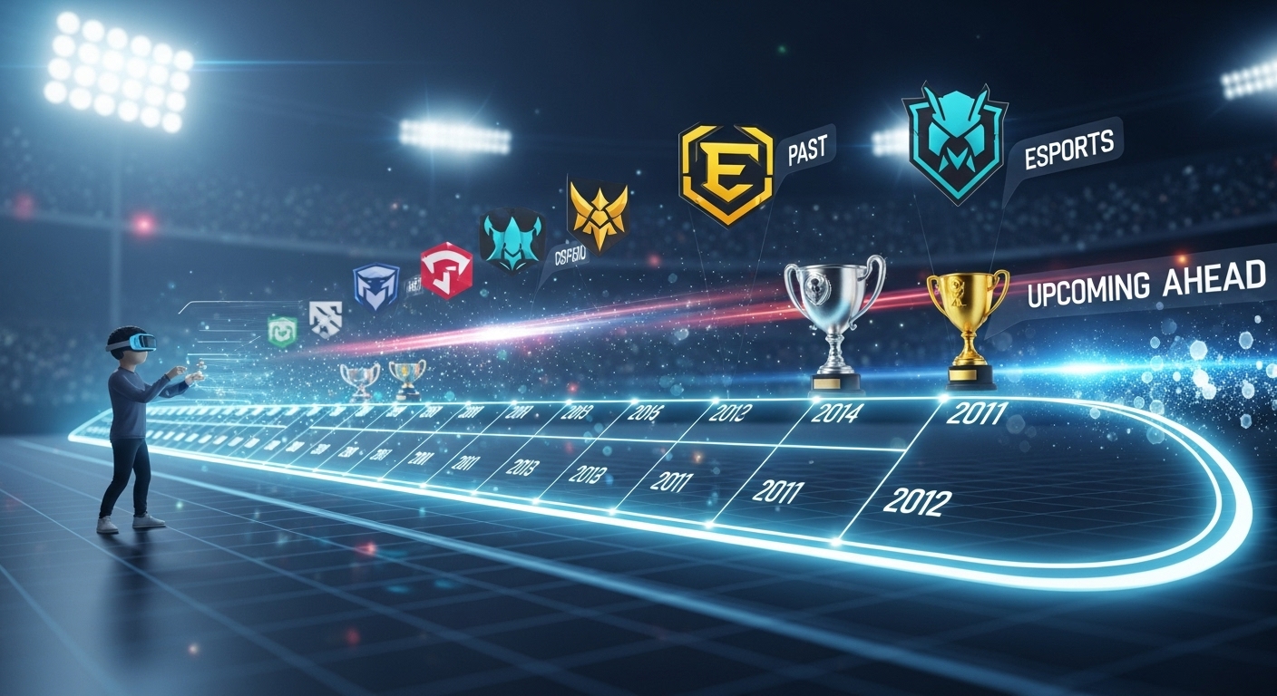 Futuristic esports schedule timeline showing upcoming events for multiple games, with floating logos and a fan navigating the timeline.