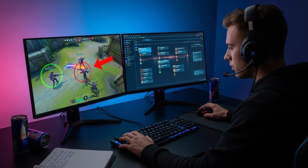 Esports player reviewing game footage on dual monitors, highlighting deaths, team fights, and objectives with notes and visual markers, emphasizing fast and focused VOD analysis.