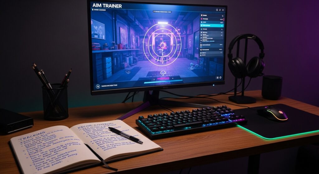 Gamer’s desk with an aim trainer on the monitor and a notebook logging notes like tracking and recoil control, symbolizing how to track progress without overcomplicating it.