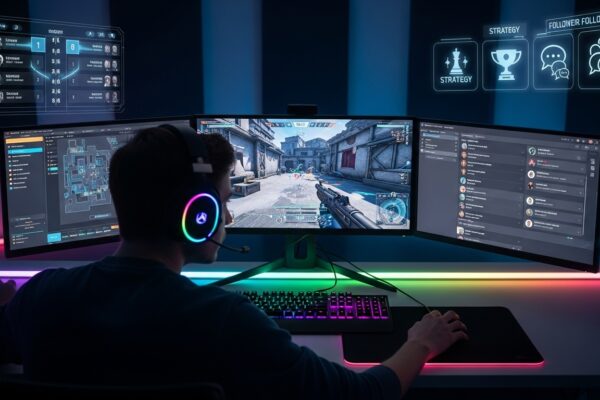 Pro gamer focused on competitive match with headset and gaming setup – esports tips for success