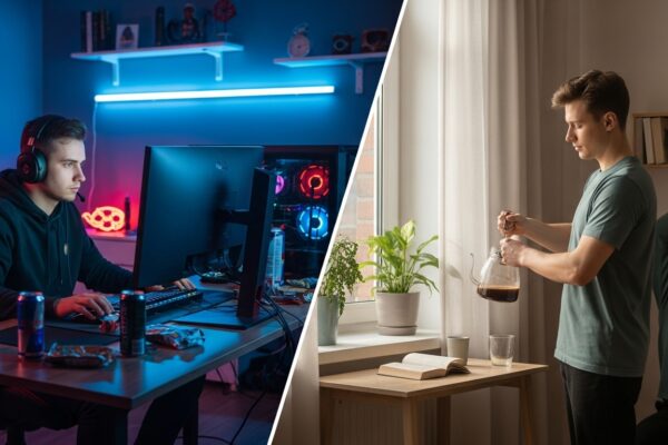 Life of a professional gamer off stage shown through split-screen: late-night grind at a glowing PC setup contrasted with quiet daily routines in natural light.