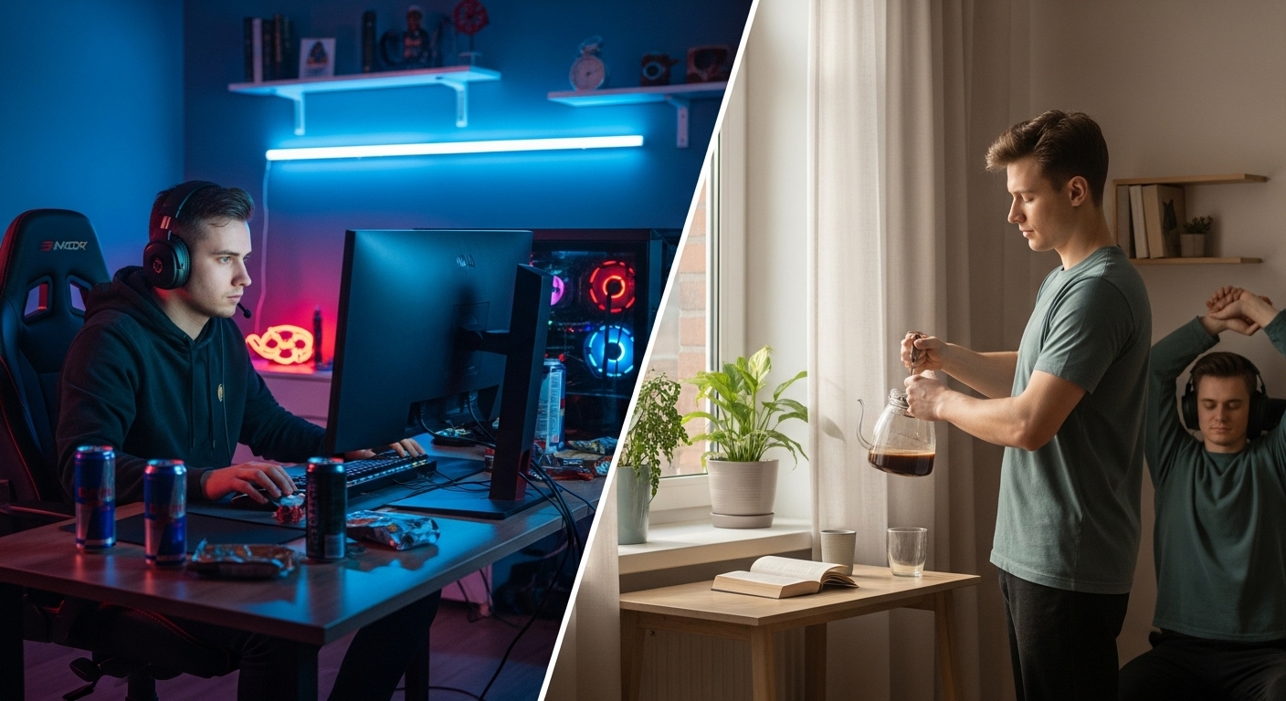 Life of a professional gamer off stage shown through split-screen: late-night grind at a glowing PC setup contrasted with quiet daily routines in natural light.