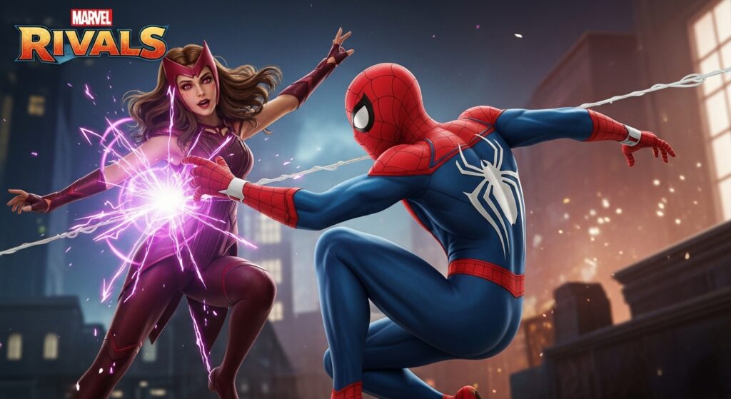 Spider-Man evading Scarlet Witch’s Chaos Bolt attack in Marvel Rivals