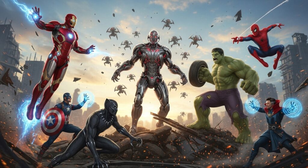 Marvel Rivals heroes confronting Ultron before update battle.