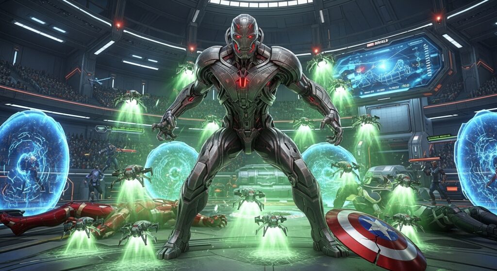 Ultron using healing drones ability in Marvel Rivals match.