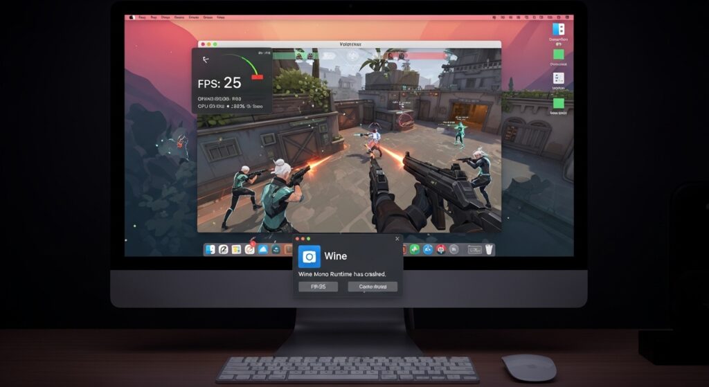 Attempting to run Valorant on macOS through Wine compatibility layer.