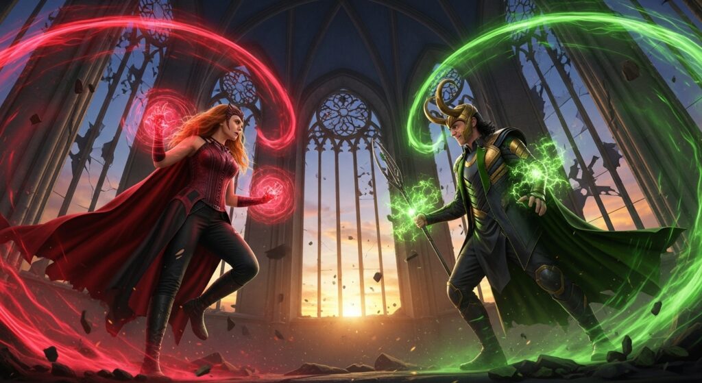 Scarlet Witch dueling Loki in Marvel Rivals 1v1 encounter
