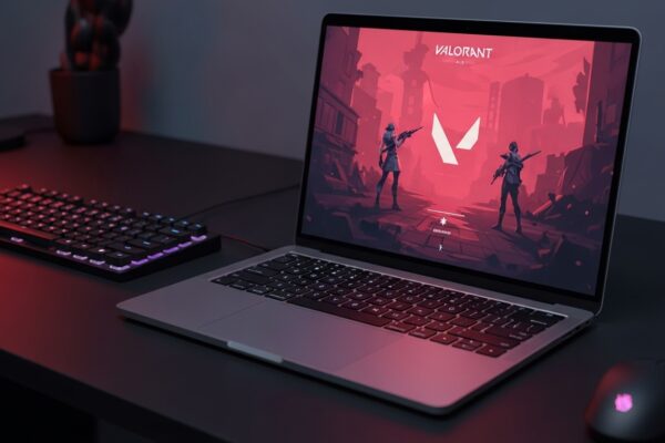 Valorant running on MacBook Pro M2 with RGB gaming setup