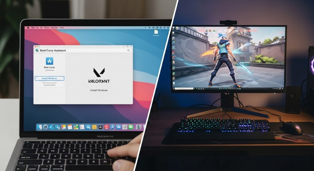 Dual-boot setup using Boot Camp to install Valorant on Mac.