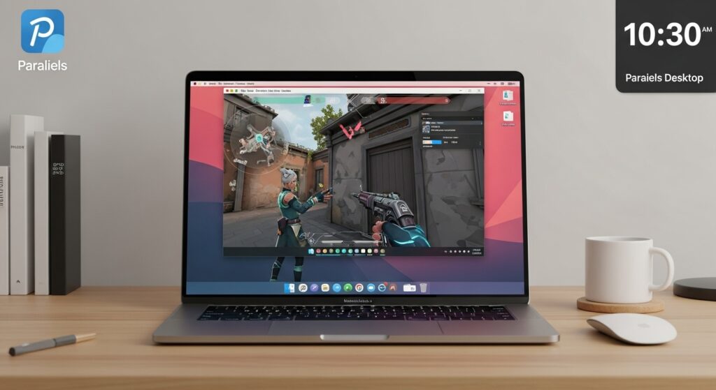 Valorant running on M2 Mac through Parallels Desktop Windows ARM setup.