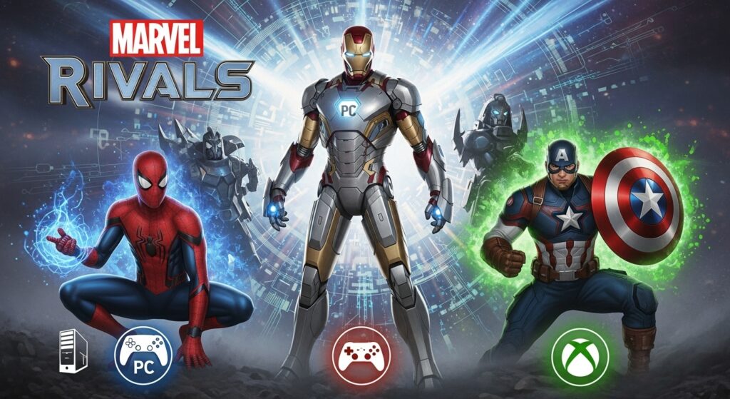 Marvel Rivals supported platforms with heroes representing PC, PS5, and Xbox