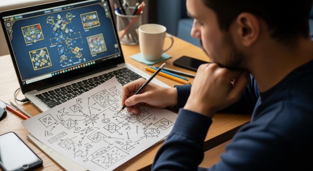 Person taking notes while testing puzzle game