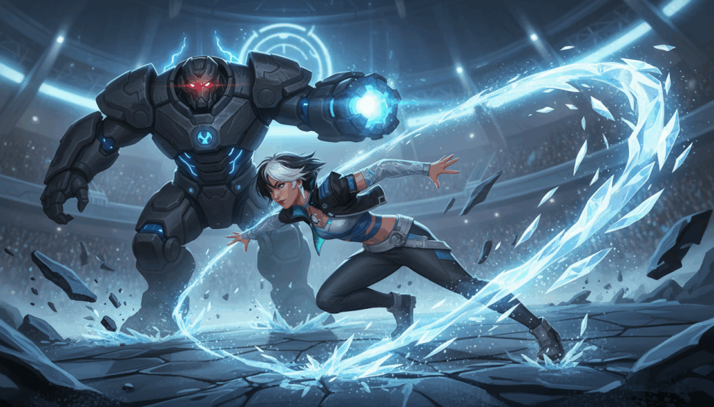 Luna Snow evading a tank enemy in Marvel Rivals match