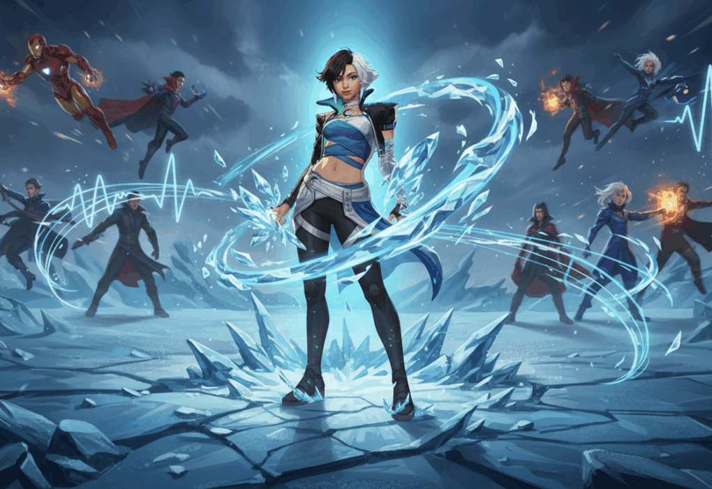 Luna Snow in a dramatic Marvel Rivals battle scene with ice effects