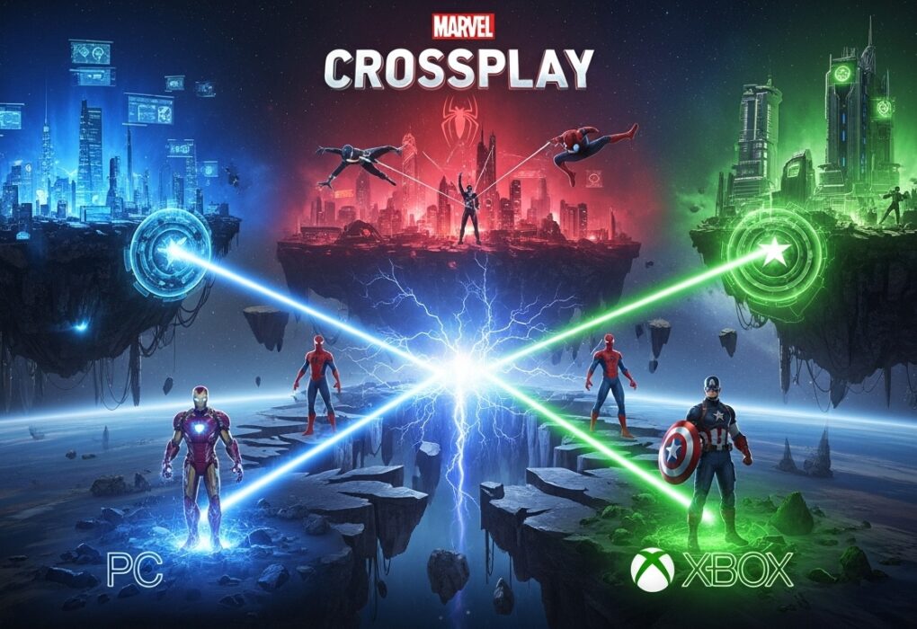 A cosmic battle scene with floating realms representing PC, PlayStation, and Xbox, connected by a glowing dimensional rift, with Marvel heroes stepping out of each platform realm to signify crossplay.
