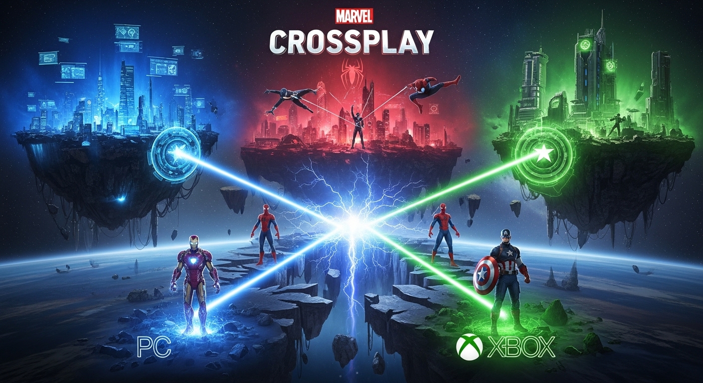 A cosmic battle scene with floating realms representing PC, PlayStation, and Xbox, connected by a glowing dimensional rift, with Marvel heroes stepping out of each platform realm to signify crossplay.